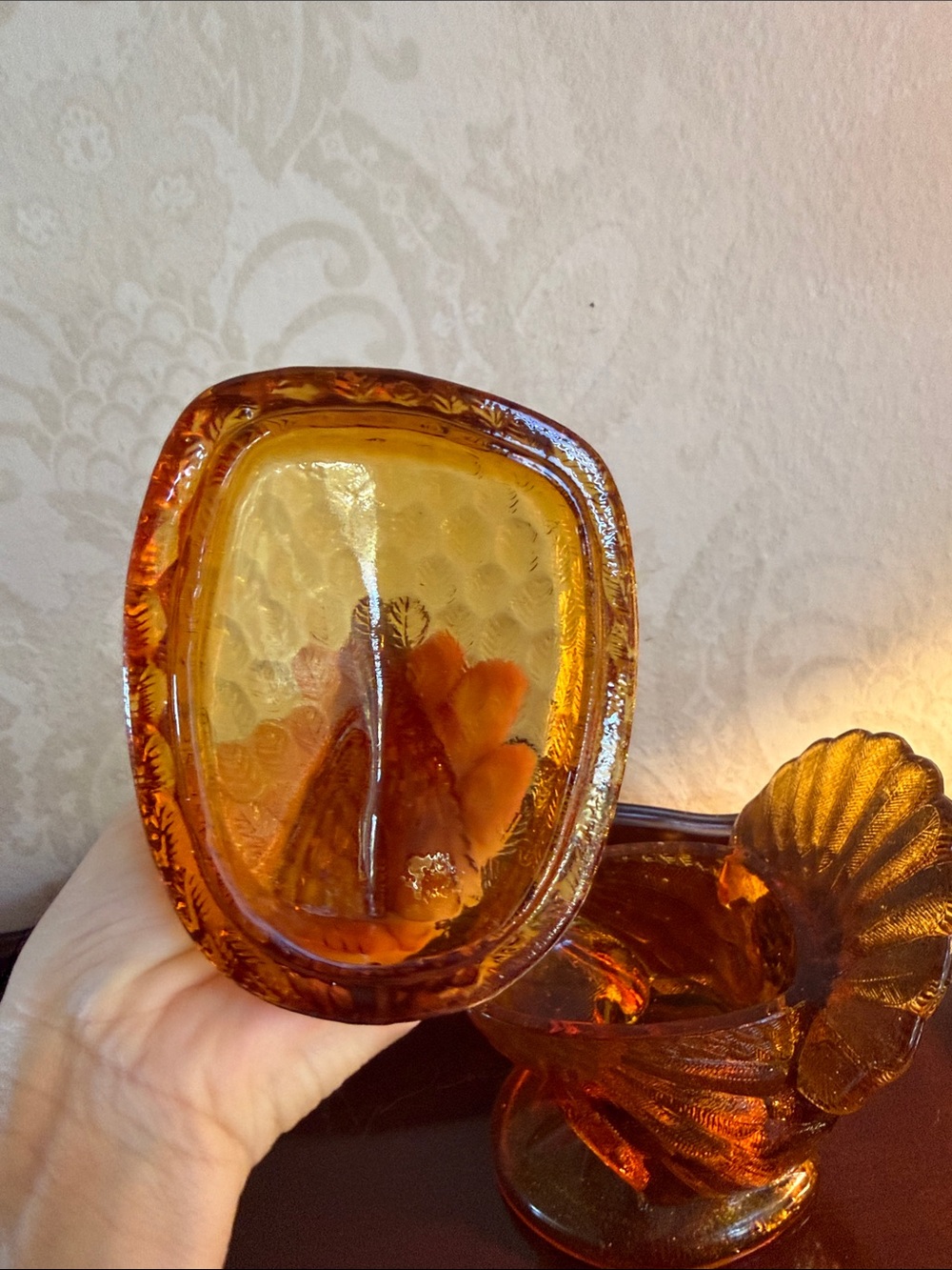 Vintage Amber Glass Turkey  Candy Dish with lid - Picture 2 of 9